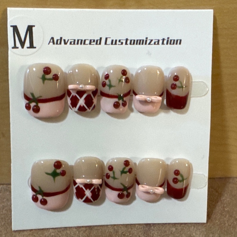 Cherry Press On Nails Size M Red Pink Bows Short Square